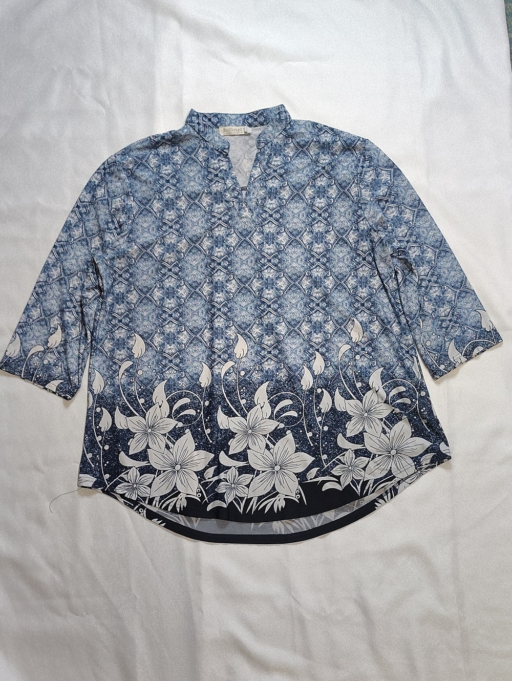 BaiShengGT Women's Blouse Size 2XL Blue  White Floral  Geometric Print V Neck